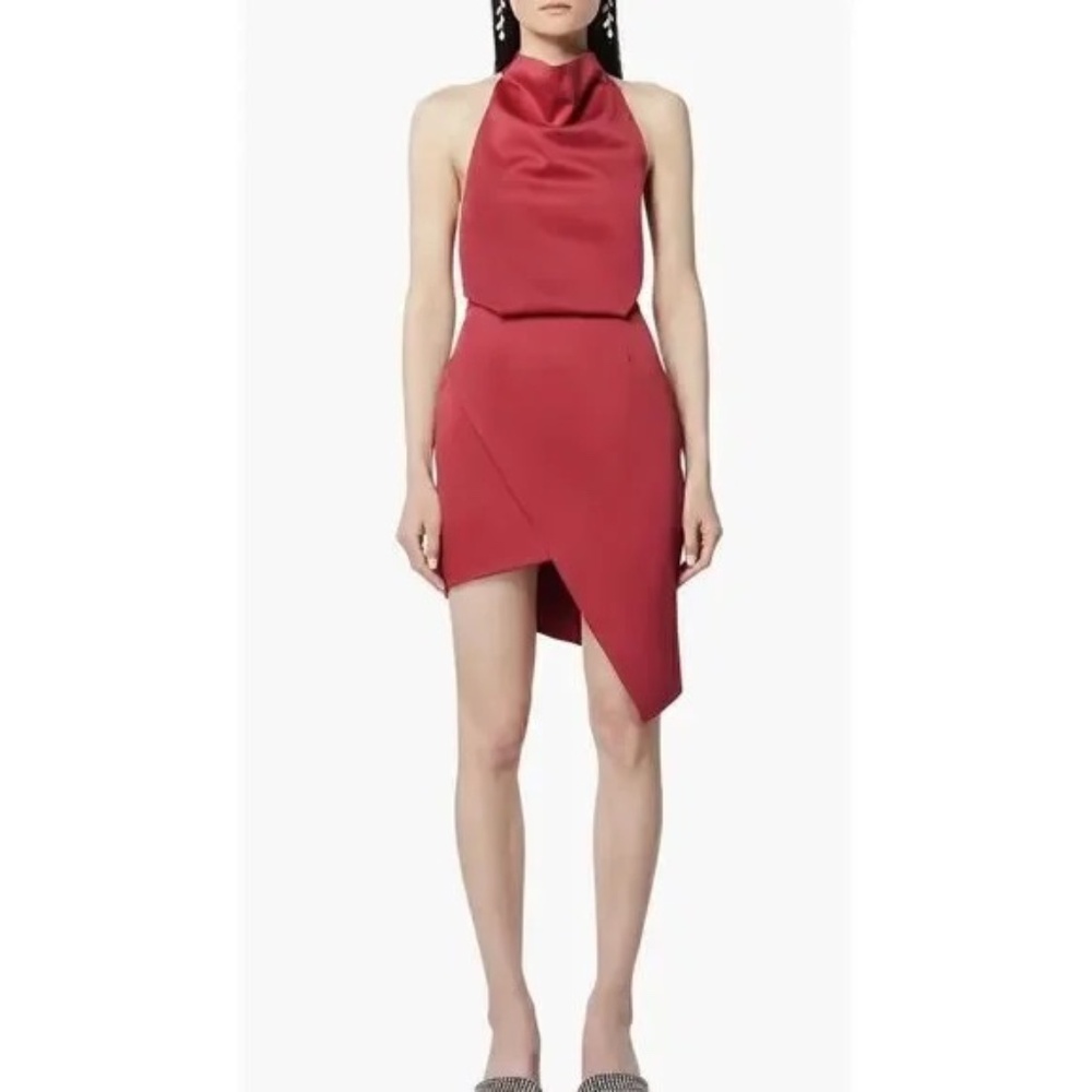 NWT Elliatt Camo Asymmetric Satin Cocktail Dress in Merlot, Size Large